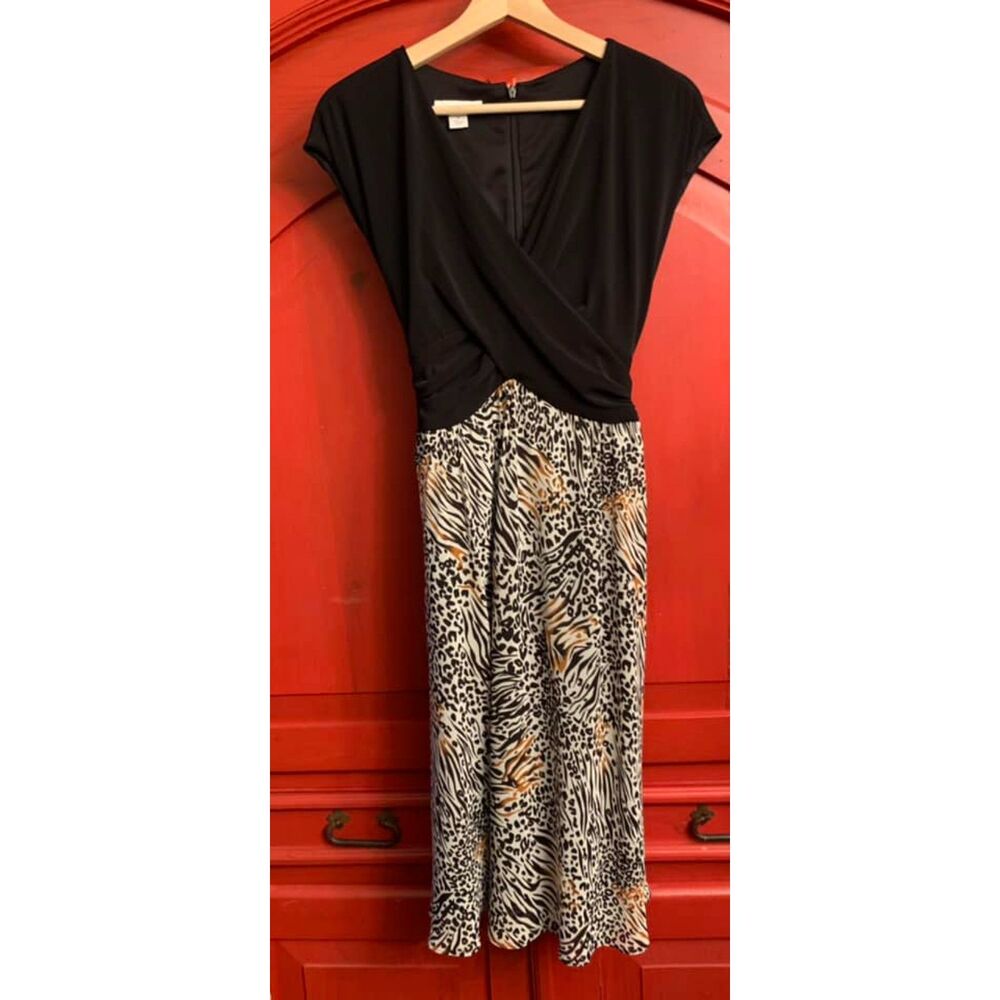 Dress Barn Sze 10 Black Criss Cross Bodice Animal Print Leopard Zebra Bottom EUC